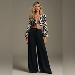 Caroline Constas NWT Black Wide Leg Palazzo Pants Size M Satin Minimalist